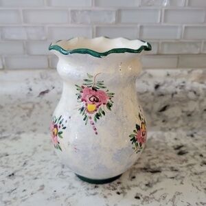 Italy Hand-Painted Floral Ceramic Vase With Green Rim 4.5" Tall Vintage